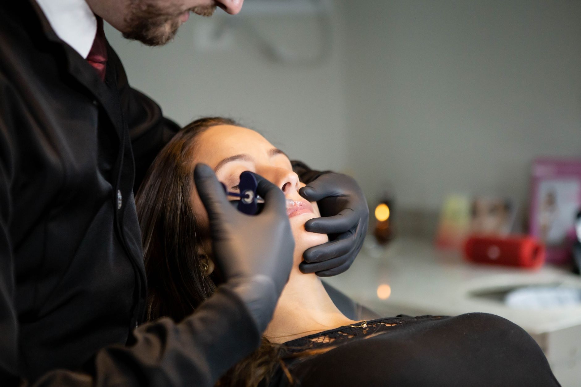 Client receiving a treatment in a private room